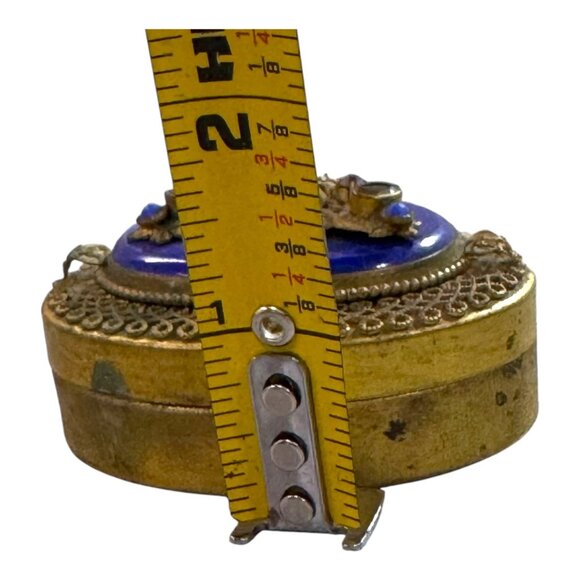 Antique Brass & Enamel Jewelry Trinket Box Amethyst Lapis Lazuli Gemstone READ - Picture 6 of 8